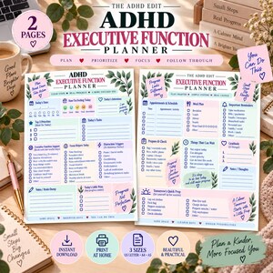 May include: Two pages of an ADHD Executive Function Planner featuring sections for daily tasks, priorities, meal planning, and gratitude. The layout includes checkboxes, prompts for focus, and motivational text like 'Progress Not Perfection' in a soft color palette.