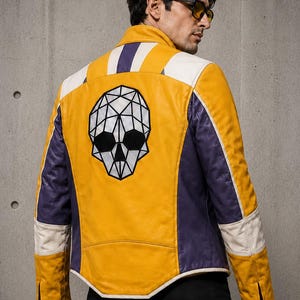 Chaqueta de cuero amarilla Charlie Disco, chaqueta de cosplay Dead As Disco, chaqueta de motociclista retro futurista para gamers, disfraz para hombre