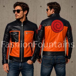 Leren Ninja-jas Leaf Village – oranje zwart anime-cosplaykostuum, uniseks bikerjack voor fans