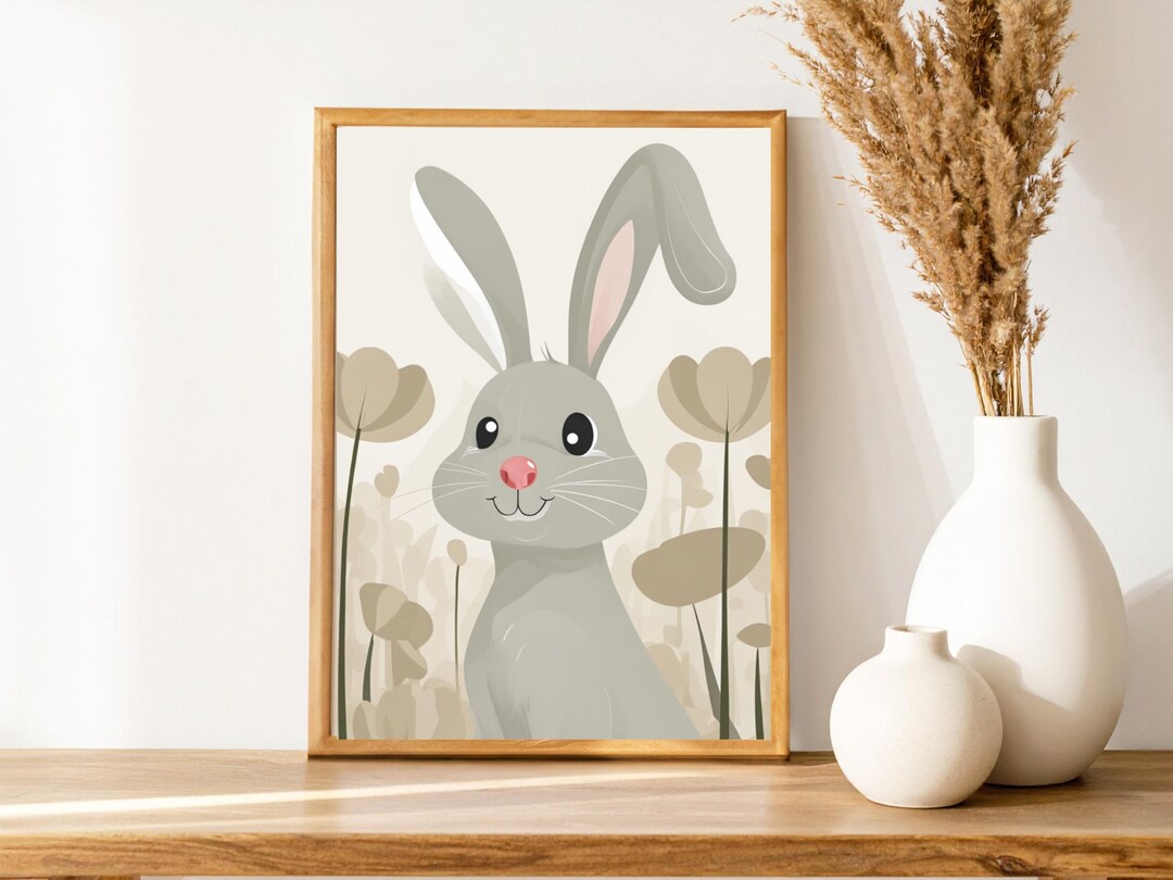 Cute Neutral Rabbit Neutral Bunny Wall Art Printable | Rabbit Nursery Decor | Cute Bunny ...