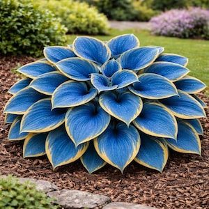 May include: A dense, low-growing plant featuring heart-shaped leaves with a vibrant blue centre and a distinct pale yellow border. The foliage is arranged in a symmetrical, layered rosette pattern, creating a full and rounded appearance.