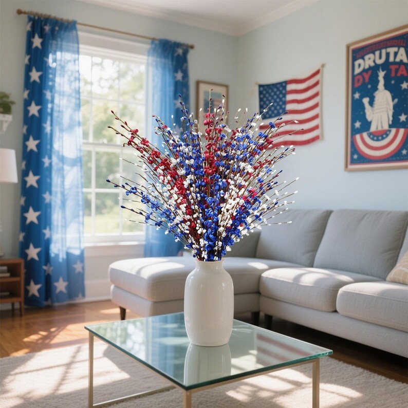 Op de afbeelding: Een witte vaas met rode, witte en blauwe bloemstelen staat op een salontafel met glazen blad. De kamer heeft blauwe sterrengordijnen, een Amerikaanse vlag en een bank, wat een patriottisch thema cre&euml;ert. De vaas is ongeveer 30 cm hoog.