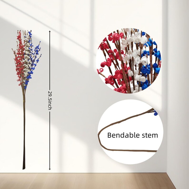 Op de afbeelding: Een decoratieve bloemstengel, 75 cm lang, met rode, witte en blauwe bessen. De bessen zijn gegroepeerd op bruine stelen, met een buigbaar stengelontwerp. Ideaal voor patriottische of feestelijke decoraties.
