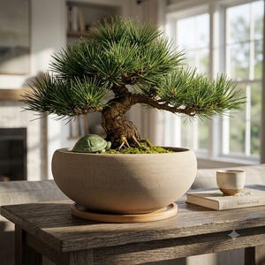 May include: A miniature pine bonsai tree with a thick, textured brown trunk and vibrant green needles, planted in a wide, round, beige ceramic bowl. A small, green, decorative turtle figurine sits on the mossy soil surface at the base of the tree.