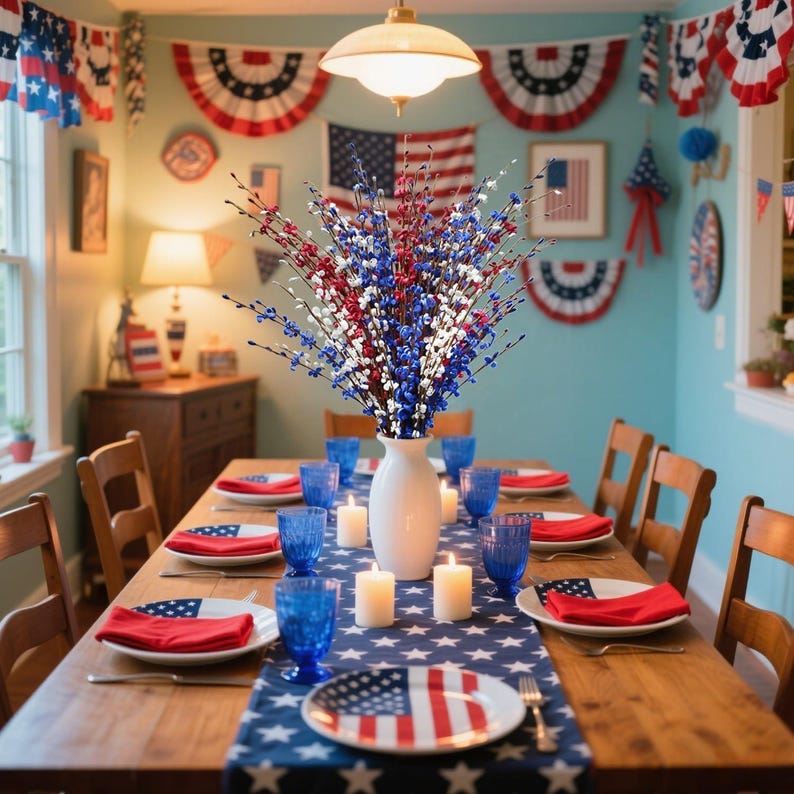 Op de afbeelding: Een eettafel gedecoreerd voor een patriottische viering. De houten tafel is versierd met een blauwe tafelloper met sterrenpatroon, borden met een Amerikaans vlagontwerp, rode servetten en blauwe glazen. Een witte vaas bevat rode, witte en blauwe bloemstelen.