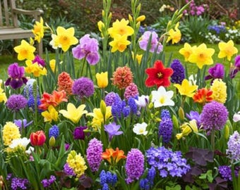 50 bulbos de flores de primavera variados: tulipanes, narcisos, crocos y gladiolos. Kit de jardinería.