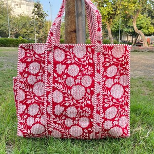 Red Floral Hand Block Print Quilted Cotton Tote Bag, Boho Vintage Style Women Bag For Her