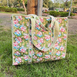 Floral Hand Block print Cotton Tote Bag | Every Day Shoulder Bag With Zipper Bags Gift For Her