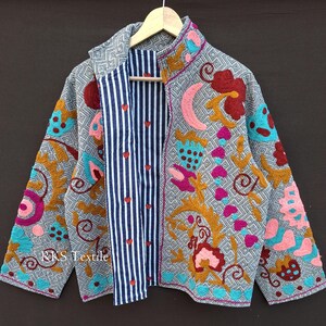 Floral Embroidery & Heart Print Lining, Reversible Grey TNT Suzani Jacket For Women's