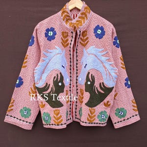 Artisan Embroidered Horse Jacket, Pink Handmade Boho Coat, Ethnic Folk Style Jacket, One-of-a-Kind Statement Piece
