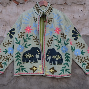 Elephant Embroidered Jacket, Hand-Stitched Cotton Suzani Coat, Handmade Jacket Gift For Her