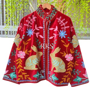 Red Velvet Suzani Embroidered Jacket: Cotton Handmade Indian Boho Coat
