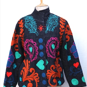 Heart Motif Suzani Embroidery Jacket, TNT Cotton Boho Coat, Handmade Gifts for Her