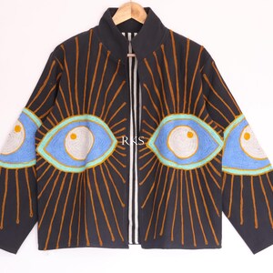 Evil Eye Embroidered Suzani Jacket, Handmade Black Duck Cotton Boho Jacket, Open Front Coat