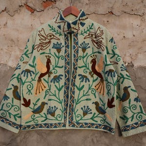 Handmade Suzani Jacket Bird Embroidery Cotton Coat Boho Floral Jacket Open Front One Size