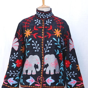Hand Embroidered Elephant Motif TNT Fabric Jacket | Unique Ethnic Open Front Kimono Jacket