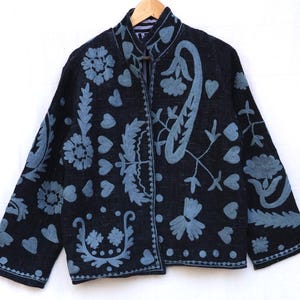 Handmade Suzani Embroidered Cotton Jacket, Boho Open Front Ethnic Coat, Floral Heritage Wear
