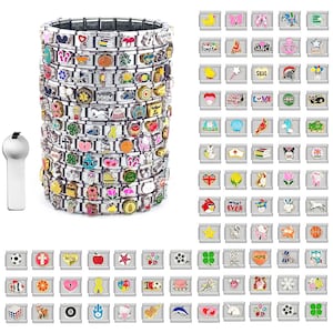 May include: A collection of stainless steel modular charm bracelet links featuring various colourful enamel designs, including hearts, animals, sports symbols, and text. A single silver-toned metal tool is included for link assembly.