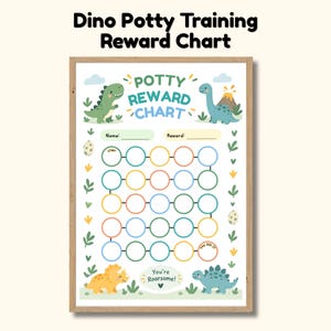 May include: A framed dinosaur-themed potty training reward chart with the text "Potty Reward Chart" and "You're Roarsome!". The chart features colorful illustrations of dinosaurs, eggs, and plants, with a grid of circles for tracking progress.