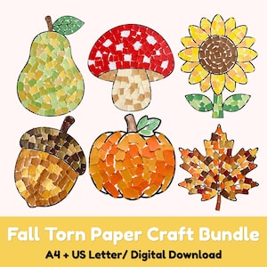 Könnte beinhalten: Eine Sammlung von sechs herbstlichen Illustrationen im Mosaikstil aus gerissenem Papier, bestehend aus einer Birne, einem Pilz, einer Sonnenblume, einer Eichel, einem Kürbis und einem Ahornblatt. Der Text lautet Fall Torn Paper Craft Bundle.