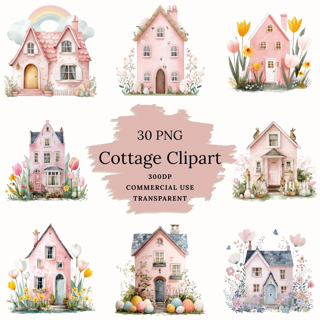 30 Watercolor Cottage House Clipart PNG Set, Country Home, Garden ...