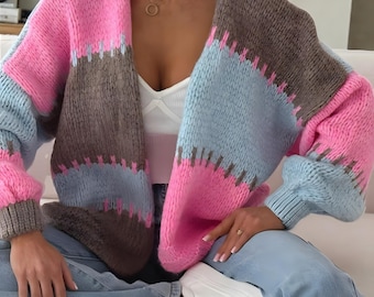 Pastel Color Block Knit Cardigan for Women - Oversized Chunky Sweater