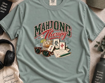 Mahjong Therapy T-Shirt, Vintage Game Night Tee, Retro Tiles & Cocktails Design