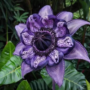 May include: A close-up of a unique purple flower with intricate patterns. The flower has a dark center and is surrounded by petals with a dotted design. The flower is set against a backdrop of green leaves.