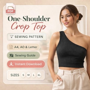 May include: A black one-shoulder crop top sewing pattern with the text "One-Shoulder Crop Top" and "SEWING PATTERN". The pattern includes sizes S, M, L, and XL, and is available for instant download.