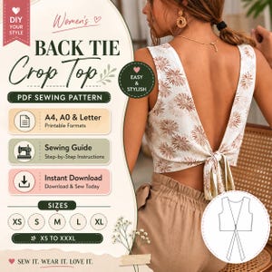 Puede incluir: Un top corto con lazo en la espalda con estampado floral blanco y marrón. La imagen incluye el texto "BACK TIE Crop Top PDF SEWING PATTERN" y "EASY & STYLISH". El patrón está disponible en tallas XS a XXXL. La imagen también incluye instrucciones de costura.