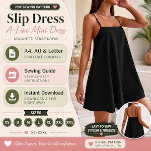 Mönster för A-linjeformad miniklänning med slip-in-mönster | Spaghettiband, Easy Sew (digital nedladdning)