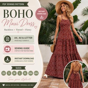 Pode incluir: Um padrão de costura PDF digital para um vestido longo Boho. O vestido é sem costas, em camadas e fluido, com tamanhos que variam de XS a XXXL. O padrão inclui formatos imprimíveis, um guia de costura e download instantâneo. O vestido é de cor ferrugem com um padrão floral branco.