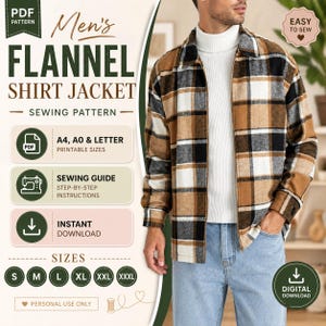 May include: A digital PDF sewing pattern for a flannel shirt jacket. The pattern includes sizes S-XXXL and is available for instant download. The image shows a plaid shirt jacket in brown, black, and white.