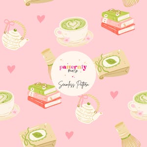 May include: A seamless pattern on a light pink background featuring illustrations of matcha tea cups with heart latte art, stacks of three books with glasses, bamboo whisks, tea pots with pink bows, and small green leaf packages with hearts.