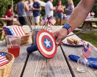 Patriottisch superheldenschild sterretjehouder | 4 juli BBQ-decor | Rood wit blauw sterretjedisplay
