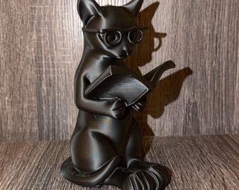 Kattenbeeldje lezen, decor glazen boekhoek, literair plankornament, lezerscadeau