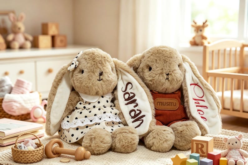 May include: Two plush tan bunnies with long ears. The left bunny wears a white dress with black polka dots and a lace trim. The right bunny wears rust-colored overalls with a brown patch. The name Sarah is embroidered on one ear, and Chloe on another.
