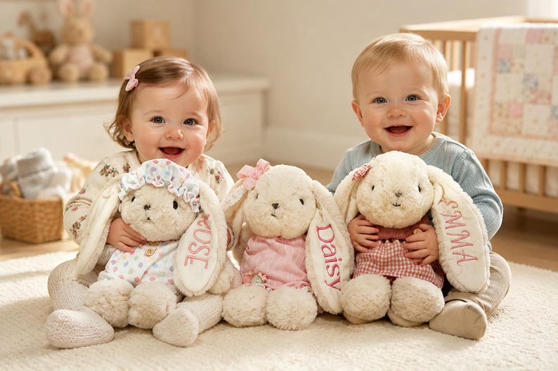 May include: Three cream-colored plush bunny toys with long floppy ears, each wearing a different outfit. The bunnies have names embroidered on their ears: Rose, Daisy, and Emma. They feature stitched facial details and soft, textured fur.