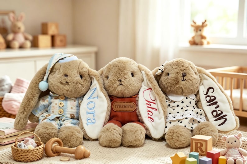 May include: Three plush tan bunnies with long ears. The left bunny wears blue plaid pajamas and a matching nightcap. The center bunny wears a rust-colored ribbed outfit with a brown patch. The right bunny wears a white dress with black polka dots.