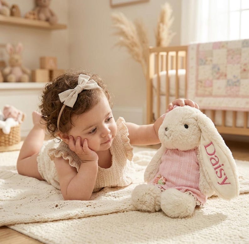 May include: A plush cream-colored stuffed rabbit toy with long ears, wearing a pink ribbed dress. The name Daisy is embroidered in pink thread on one of the rabbit's ears. The toy has dark eyes and a stitched nose, featuring a soft, textured fabric.