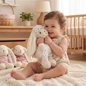 May include: Three plush rabbit toys with long floppy ears. One rabbit is wearing a pink dress with the name Daisy embroidered on its ear. Another wears a plaid dress. The third rabbit wears a floral bonnet and a white outfit with colorful dots.