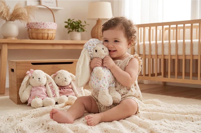 May include: Three plush rabbit toys with long floppy ears. One rabbit is wearing a pink dress with the name Daisy embroidered on its ear. Another wears a plaid dress. The third rabbit wears a floral bonnet and a white outfit with colorful dots.