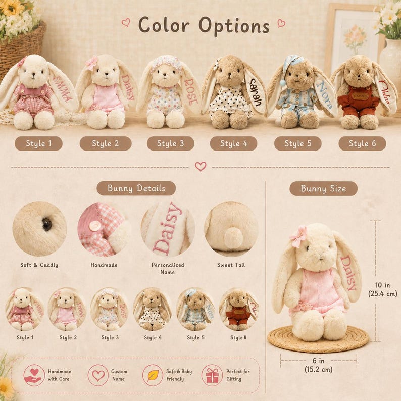 May include: Six plush bunny dolls with floppy ears, each wearing different outfits and featuring embroidered names on one ear. The display includes close-up detail circles, a size reference of 10 inches by 6 inches, and text labels.