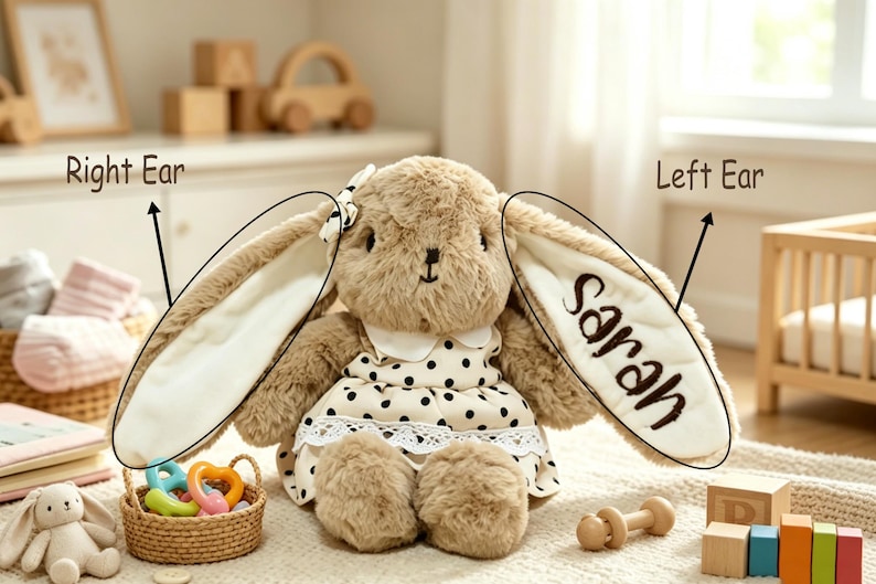May include: A plush tan rabbit toy with long ears, wearing a cream-colored dress with black polka dots and a white lace trim. The left ear features the embroidered name Sarah in dark brown script, and a small black and white bow sits on the head.