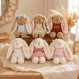 Peut inclure: Six lapins en peluche aux longues oreilles, portant chacun des tenues différentes avec des prénoms brodés sur leurs oreilles : Jora, Sarah, Chloe, Rose, Emma et Daisy. Les lapins ont une fourrure douce brune ou crème et sont assis.