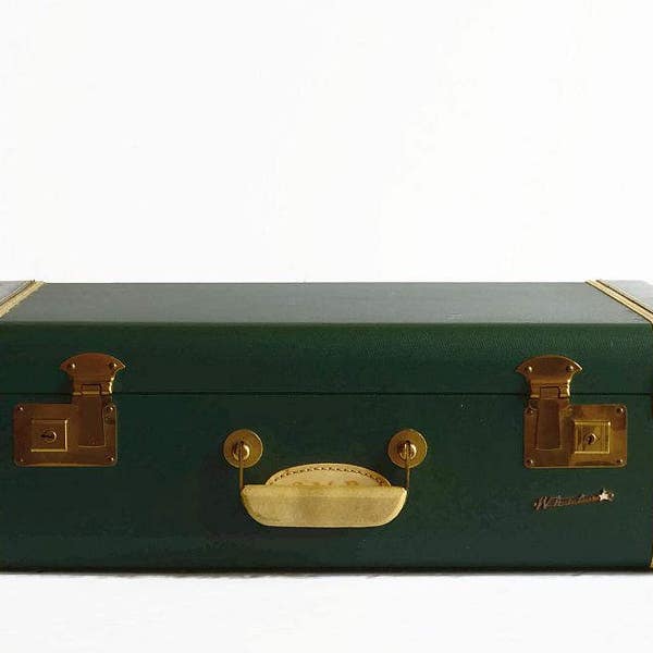 vintage suitcase with key forest green 40s 50s travel luggage