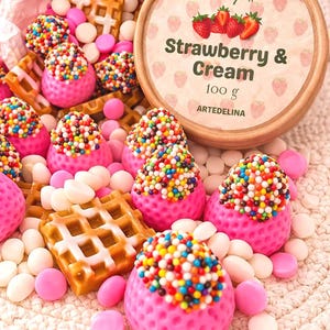 Puede incluir: Primer plano de ceras perfumadas y caramelos. Ceras perfumadas rosas con forma de fresa cubiertas de virutas de colores. La imagen también incluye caramelos con forma de gofre, caramelos rosas y blancos, y un recipiente con la etiqueta "Strawberry & Cream 100 g".