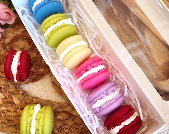 Cera de soja derretida en forma de macarons franceses, set en caja de 6 wax melts con aromas sorpresa