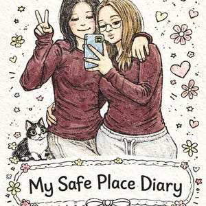 Könnte beinhalten: Zeichnung von zwei Personen, die ein Selfie machen, umgeben von Herzen, Blumen und Sternen. Sie tragen weinrote Langarmshirts und helle Hosen. Eine schwarz-weiße Katze sitzt in der Nähe. Der Text "My Safe Place Diary" steht unten.