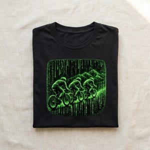 Könnte beinhalten: Ein schwarzes T-Shirt mit Rundhalsausschnitt und einem Grafikdruck von drei Radfahrern, die hintereinander fahren. Das Design ist in einem leuchtend grünen digitalen Matrix-Code-Stil gehalten, vor einem dunklen Hintergrund mit Bergsilhouetten.
